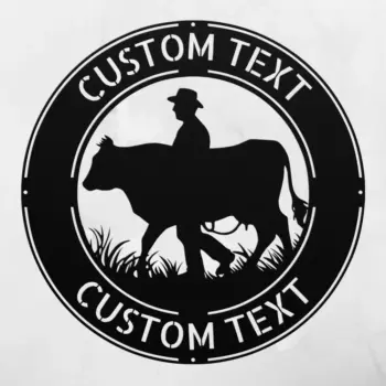 Custom Cow With Man Metal Sign