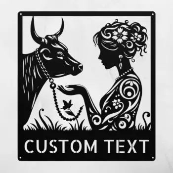Custom Floral Cow Woman Metal Sign