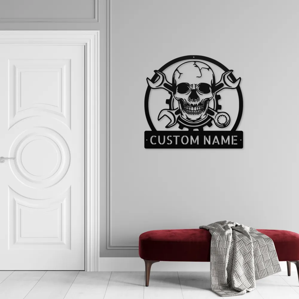 Personalized Skull Mechanic Metal Sign Personalized Skull Mechanic Metal Sign