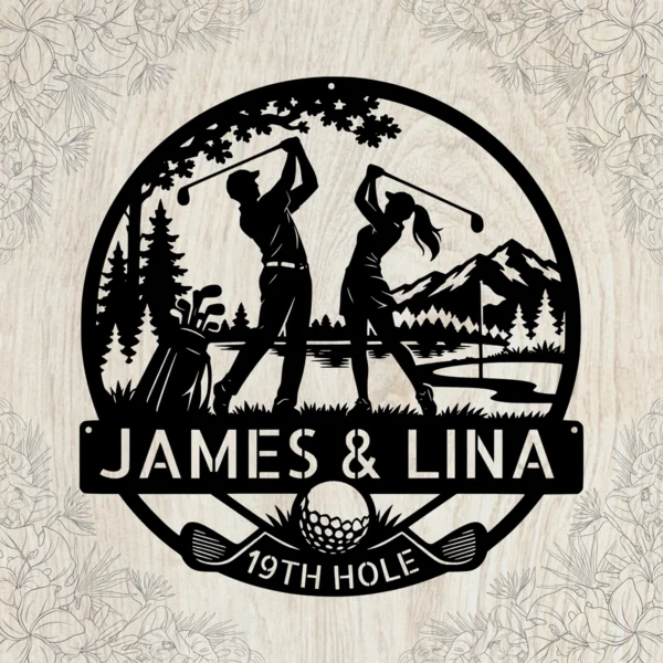 Custom Golfing Couple Metal Wall Sign Personalized Player Gifts Custom golfing couple metal wall sign in 16 gauge steel for golf lover decor, personalized wedding or anniversary gift for couples and golfers.