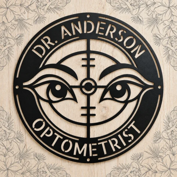 Personalized optometrist metal sign crafted from 16 gauge steel, custom wall decor for eye doctor offices, clinics, and vision care professionals.