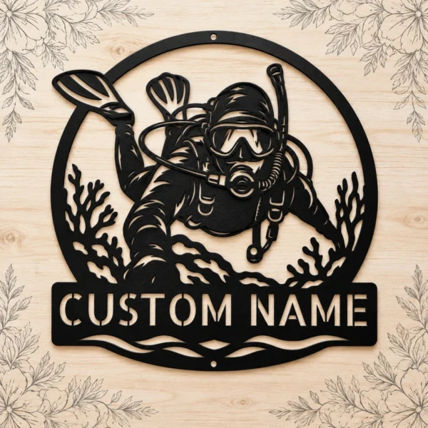 Personalized Scuba Diver Metal Sign Underwater Art Decor Personalized scuba diver metal sign in 16 gauge steel for underwater wall decor, custom ocean plaque for divers, beach home and gift art.