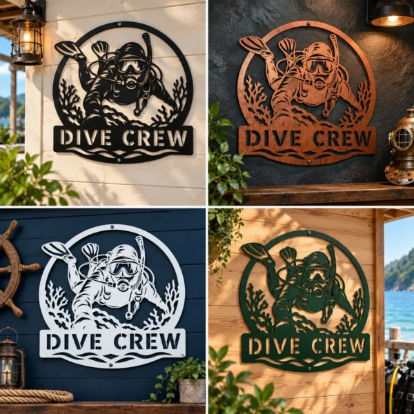 Personalized Scuba Diver Metal Sign Underwater Art Decor Personalized scuba diver metal sign in 16 gauge steel for underwater wall decor, custom ocean plaque for divers, beach home and gift art.