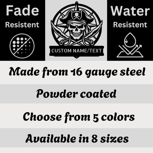 Custom Pirate Skull Metal Wall Art Sign Nautical Decor Custom Pirate Skull Metal Wall Art Sign in 16 gauge steel for nautical wall decor, pirate themed plaque for bar, boat, cabin and gift art.