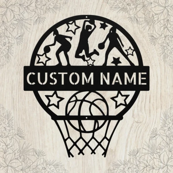 Custom Basketball Wall Sign Personalized Sports Decor Custom basketball metal sign in 16 gauge steel for sports room wall decor, personalized player name plaque for home gym, fans, and athlete gifts.