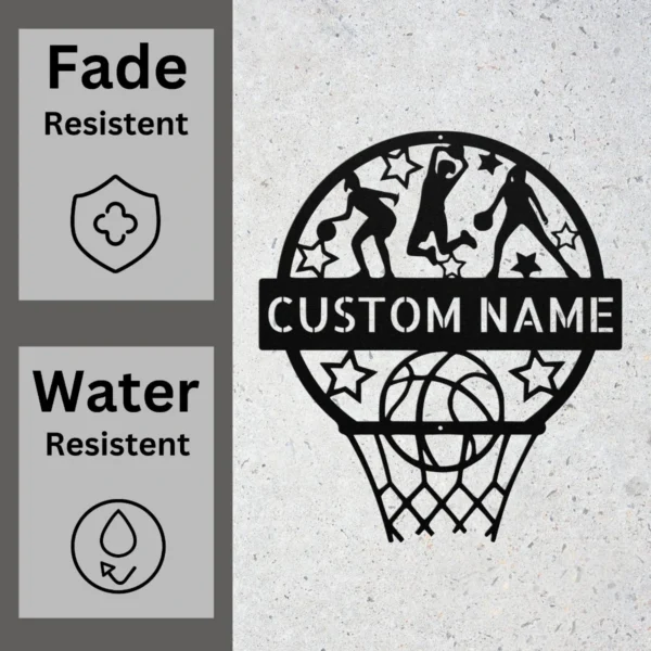 Custom Basketball Wall Sign Personalized Sports Decor Custom basketball metal sign in 16 gauge steel for sports room wall decor, personalized player name plaque for home gym, fans, and athlete gifts.