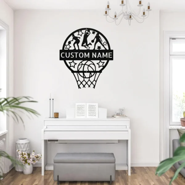Custom Basketball Wall Sign Personalized Sports Decor Custom basketball metal sign in 16 gauge steel for sports room wall decor, personalized player name plaque for home gym, fans, and athlete gifts.