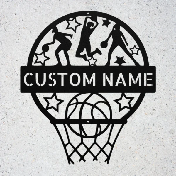 Custom Basketball Wall Sign Personalized Sports Decor Custom basketball metal sign in 16 gauge steel for sports room wall decor, personalized player name plaque for home gym, fans, and athlete gifts.