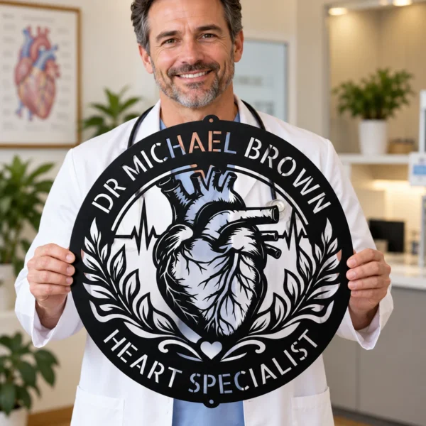 Custom cardiology metal sign in 16 gauge steel for heart doctor office decor, personalized clinic wall plaque and cardiologist professional gift.