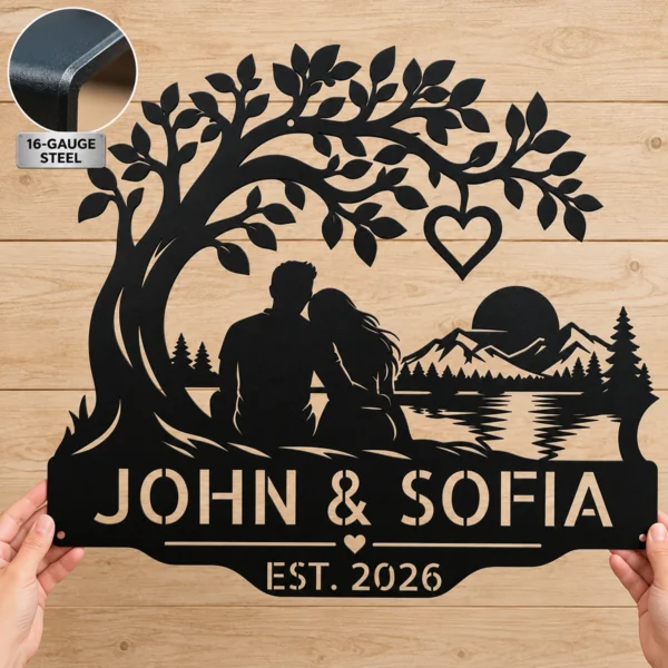 Custom couple metal sign personalized with names and special date, romantic love wall art and wedding anniversary decor for couples and newlyweds.