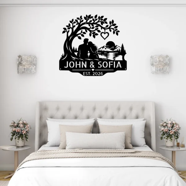 Custom couple metal sign personalized with names and special date, romantic love wall art and wedding anniversary decor for couples and newlyweds.