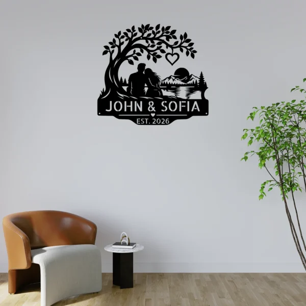 Custom couple metal sign personalized with names and special date, romantic love wall art and wedding anniversary decor for couples and newlyweds.