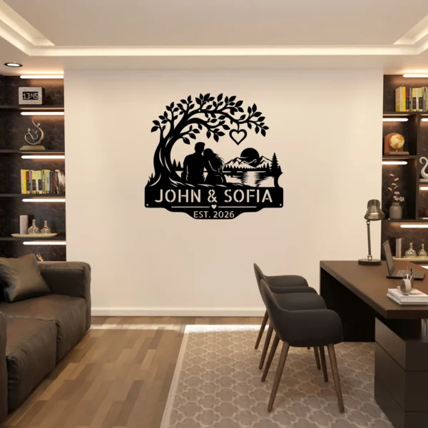 Custom couple metal sign personalized with names and special date, romantic love wall art and wedding anniversary decor for couples and newlyweds.