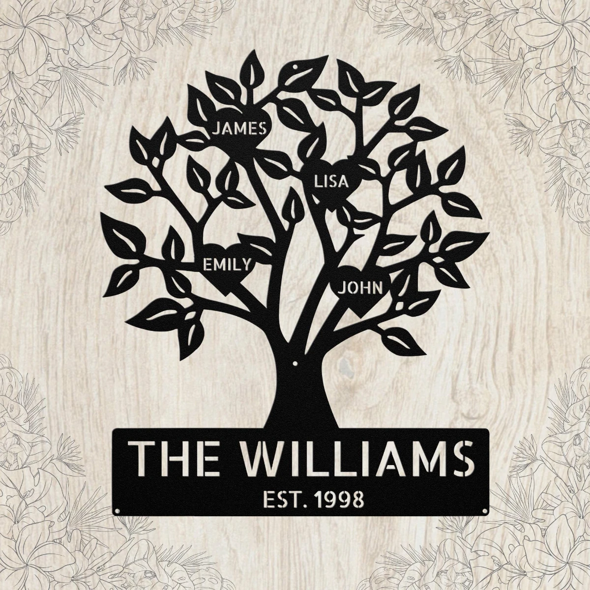 Custom Family Tree Metal Sign in 16 gauge steel for custom family name wall decor, home plaque for wedding, housewarming and gift art.