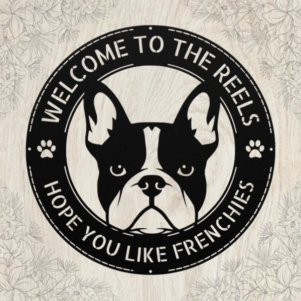 Custom French Bulldog metal wall sign in 16 gauge steel for pet wall decor, personalized family name plaque for home and dog lover gift art.