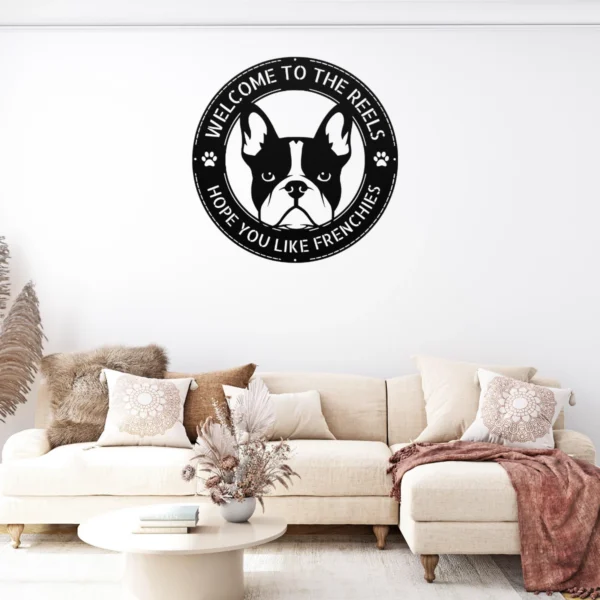 Custom French Bulldog metal wall sign in 16 gauge steel for pet wall decor, personalized family name plaque for home and dog lover gift art.