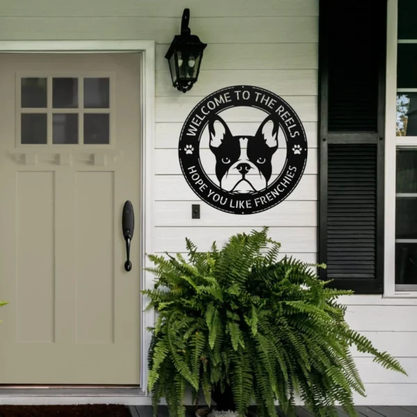 Custom French Bulldog metal wall sign in 16 gauge steel for pet wall decor, personalized family name plaque for home and dog lover gift art.