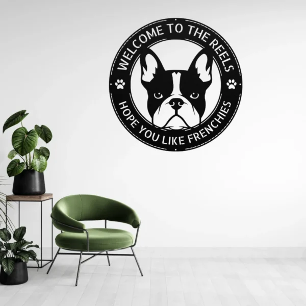 Custom French Bulldog metal wall sign in 16 gauge steel for pet wall decor, personalized family name plaque for home and dog lover gift art.