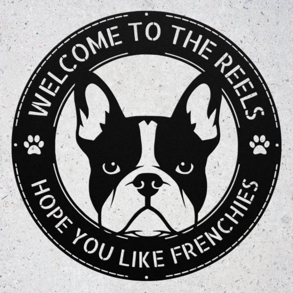 Custom French Bulldog metal wall sign in 16 gauge steel for pet wall decor, personalized family name plaque for home and dog lover gift art.