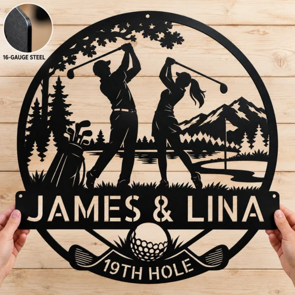 Custom golfing couple metal wall sign in 16 gauge steel for golf lover decor, personalized wedding or anniversary gift for couples and golfers.
