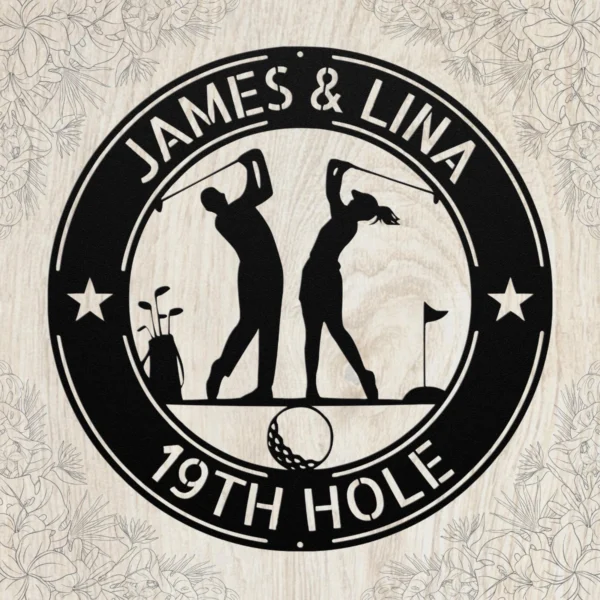 Custom golfing couple metal wall sign in 16 gauge steel for golf lover decor, personalized wedding or anniversary gift for couples and golfers.