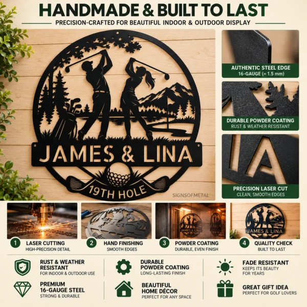 Custom Golfing Couple Metal Wall Sign Personalized Player Gifts Custom golfing couple metal wall sign in 16 gauge steel for golf lover decor, personalized wedding or anniversary gift for couples and golfers.