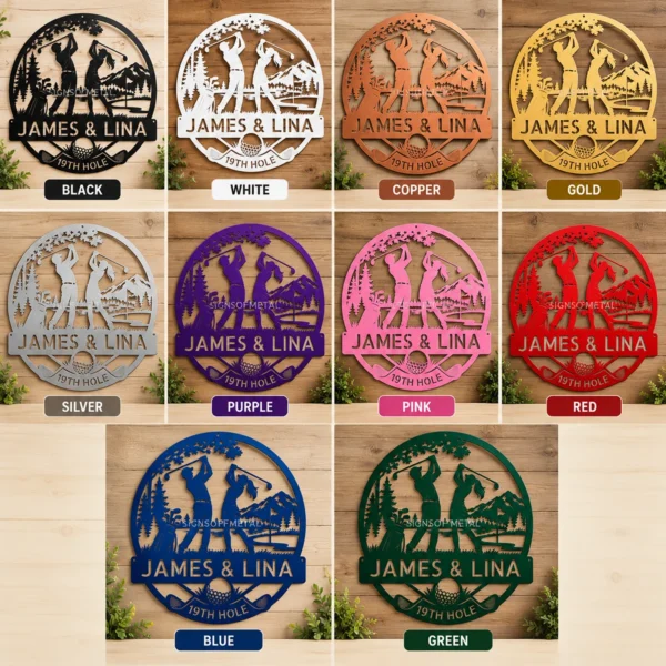 Custom Golfing Couple Metal Wall Sign Personalized Player Gifts Custom golfing couple metal wall sign in 16 gauge steel for golf lover decor, personalized wedding or anniversary gift for couples and golfers.