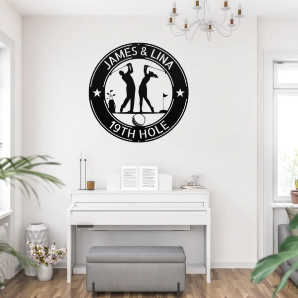Custom golfing couple metal wall sign in 16 gauge steel for golf lover decor, personalized wedding or anniversary gift for couples and golfers.