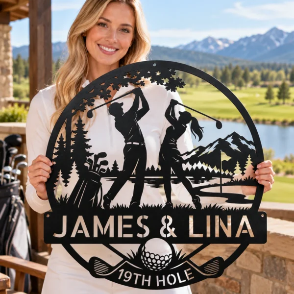 Custom Golfing Couple Metal Wall Sign Personalized Player Gifts Custom golfing couple metal wall sign in 16 gauge steel for golf lover decor, personalized wedding or anniversary gift for couples and golfers.