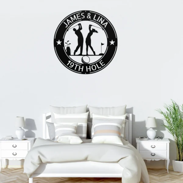 Custom golfing couple metal wall sign in 16 gauge steel for golf lover decor, personalized wedding or anniversary gift for couples and golfers.
