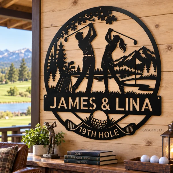 Custom Golfing Couple Metal Wall Sign Personalized Player Gifts Custom golfing couple metal wall sign in 16 gauge steel for golf lover decor, personalized wedding or anniversary gift for couples and golfers.