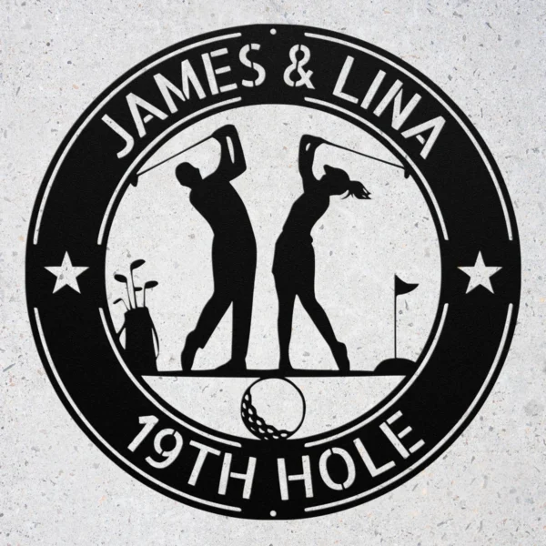 Custom golfing couple metal wall sign in 16 gauge steel for golf lover decor, personalized wedding or anniversary gift for couples and golfers.