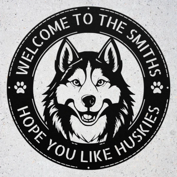 Custom Husky Dog Metal Sign Personalized Pet Lover Decor Custom husky dog metal sign in 16 gauge steel for pet lover wall decor, personalized husky plaque for home, cabin and dog gift art.