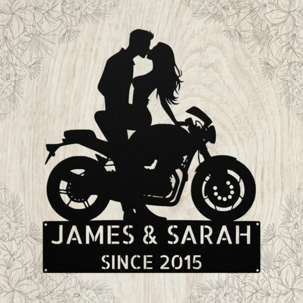 Custom Kissing Couple Motorcycle Metal Sign Biker Wall Art Custom kissing couple motorcycle metal sign in 16 gauge steel for biker wall decor, romantic garage art and gift for riders or couples.
