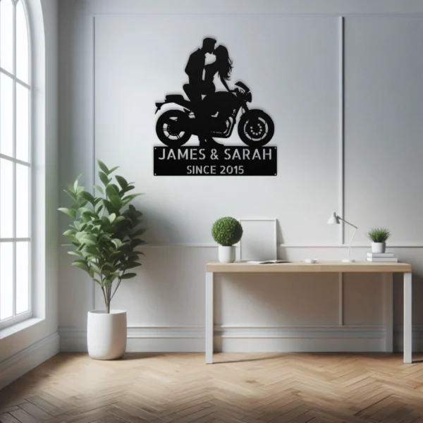 Custom Kissing Couple Motorcycle Metal Sign Biker Wall Art Custom kissing couple motorcycle metal sign in 16 gauge steel for biker wall decor, romantic garage art and gift for riders or couples.