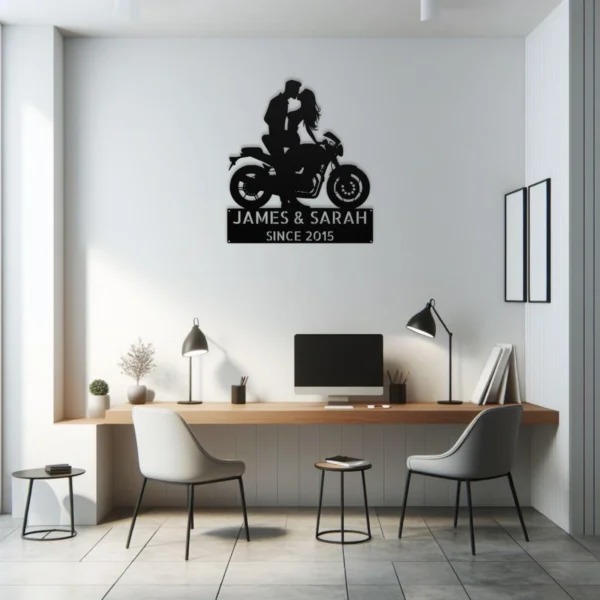 Custom Kissing Couple Motorcycle Metal Sign Biker Wall Art Custom kissing couple motorcycle metal sign in 16 gauge steel for biker wall decor, romantic garage art and gift for riders or couples.