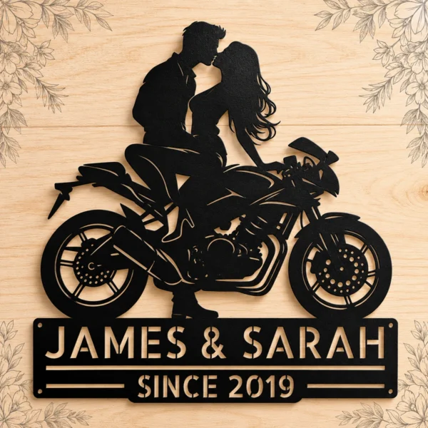 Custom Kissing Couple Motorcycle Sign Biker Metal Decor Custom kissing couple motorcycle sign in 16 gauge steel for biker wall decor, romantic garage art and gift for riders or couples.