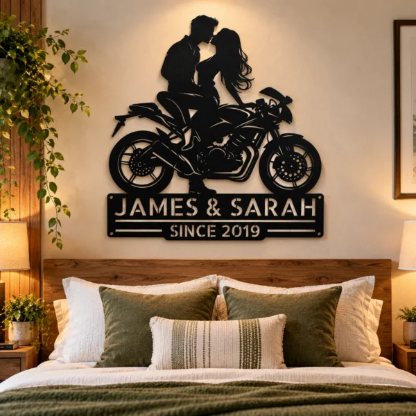 Custom Kissing Couple Motorcycle Sign Biker Metal Decor Custom kissing couple motorcycle sign in 16 gauge steel for biker wall decor, romantic garage art and gift for riders or couples.
