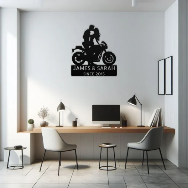 Custom Kissing Couple Motorcycle Sign Biker Metal Decor Custom kissing couple motorcycle sign in 16 gauge steel for biker wall decor, romantic garage art and gift for riders or couples.