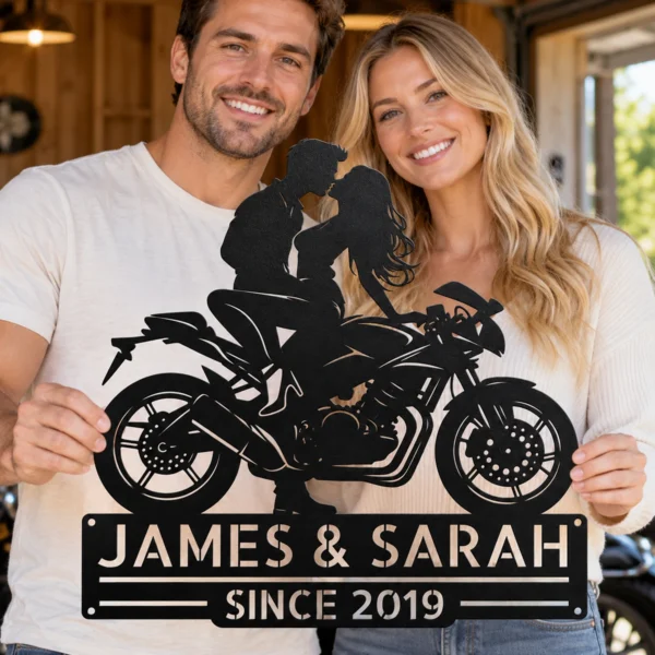 Custom Kissing Couple Motorcycle Sign Biker Metal Decor Custom kissing couple motorcycle sign in 16 gauge steel for biker wall decor, romantic garage art and gift for riders or couples.