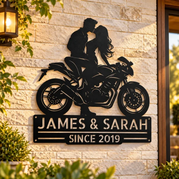Custom Kissing Couple Motorcycle Sign Biker Metal Decor Custom kissing couple motorcycle sign in 16 gauge steel for biker wall decor, romantic garage art and gift for riders or couples.