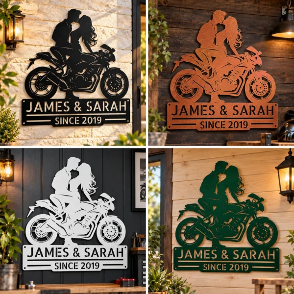 Custom Kissing Couple Motorcycle Sign Biker Metal Decor Custom kissing couple motorcycle sign in 16 gauge steel for biker wall decor, romantic garage art and gift for riders or couples.