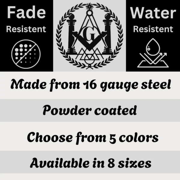 Custom Masonic Symbols Metal Art Sign in 16 gauge steel for Freemason wall decor, personalized lodge plaque for home, office and Masonic gift art.