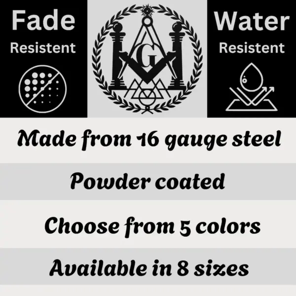 Custom Masonic symbols metal sign in 16 gauge steel for Freemason wall decor, personalized lodge plaque for home, office and Masonic gift art.