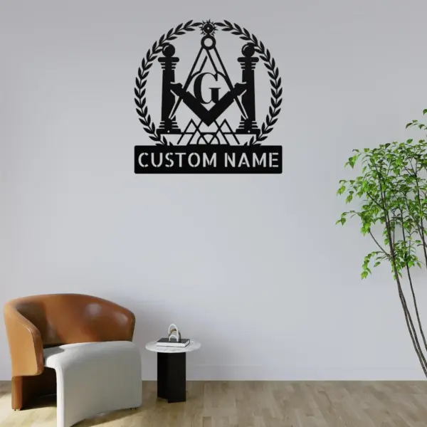 Custom Masonic symbols metal sign in 16 gauge steel for Freemason wall decor, personalized lodge plaque for home, office and Masonic gift art.