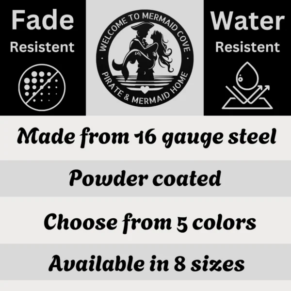 Custom mermaid and pirate metal sign made from 16 gauge steel. Custom nautical wall decor for beach homes, couples gift, and coastal spaces.