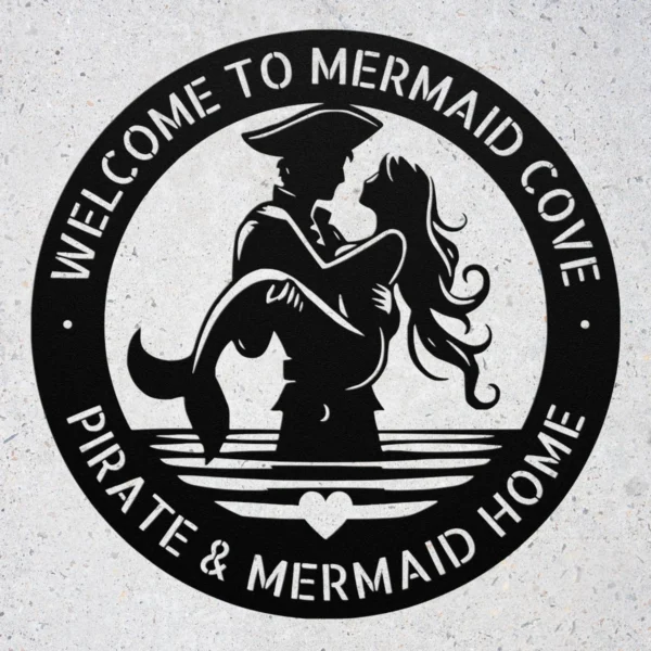Custom mermaid and pirate metal sign made from 16 gauge steel. Custom nautical wall decor for beach homes, couples gift, and coastal spaces.