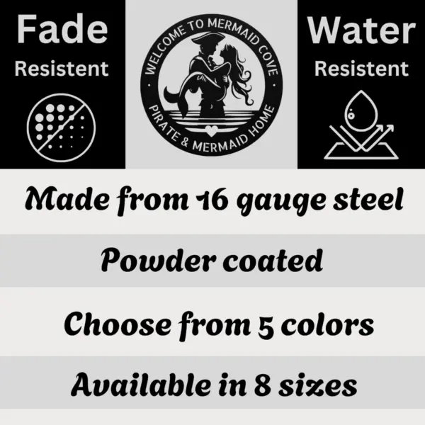Custom Mermaid and Pirate Metal Art Sign made from 16 gauge steel. Custom nautical wall decor for beach homes, couples gift, and coastal spaces.