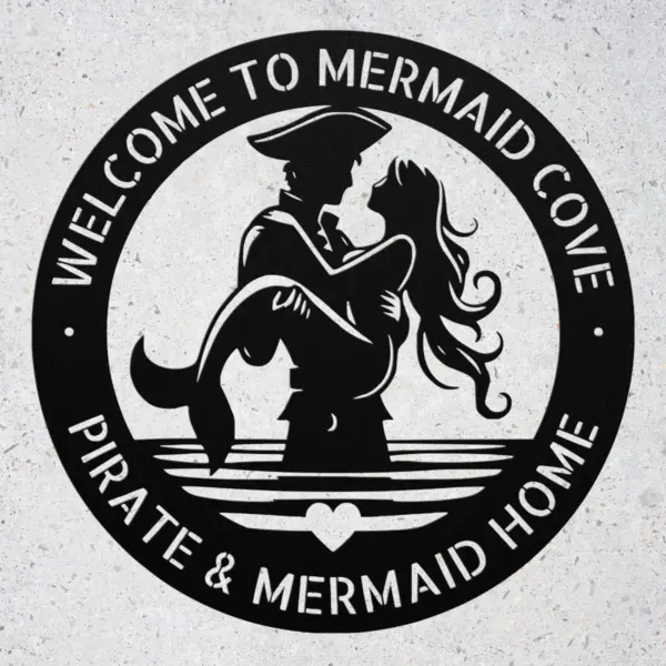 Custom Mermaid and Pirate Metal Art Sign made from 16 gauge steel. Custom nautical wall decor for beach homes, couples gift, and coastal spaces.