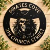 Custom Metal Pirate Skull Art Sign crafted from 16 gauge steel. Custom pirate wall decor for man caves, bars, game rooms, boats, and gifts.
